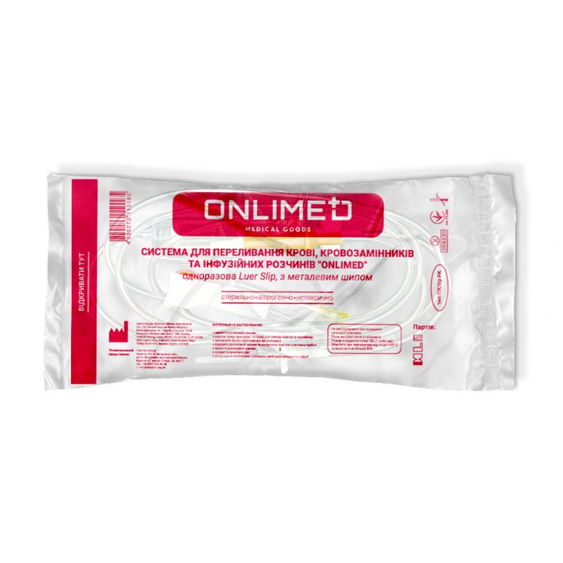 Система для переливання крові, кровозамінників та інфузійних розчинів "ONLIMED", одноразова Luer Slip, з металевим шипом